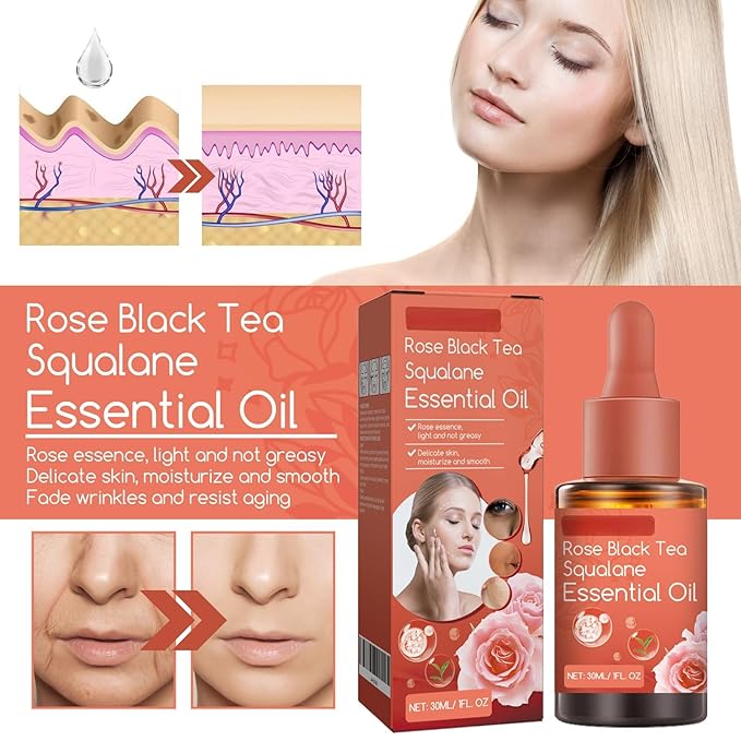 Rose Black Tea Squalane Essential Oil, Squalane Rose Oil for Face, Hydrating Facial Oil, Face Anti Aging, Reduce Wrinkles & Fine Lines, Tighten Skin, Deep Hydration