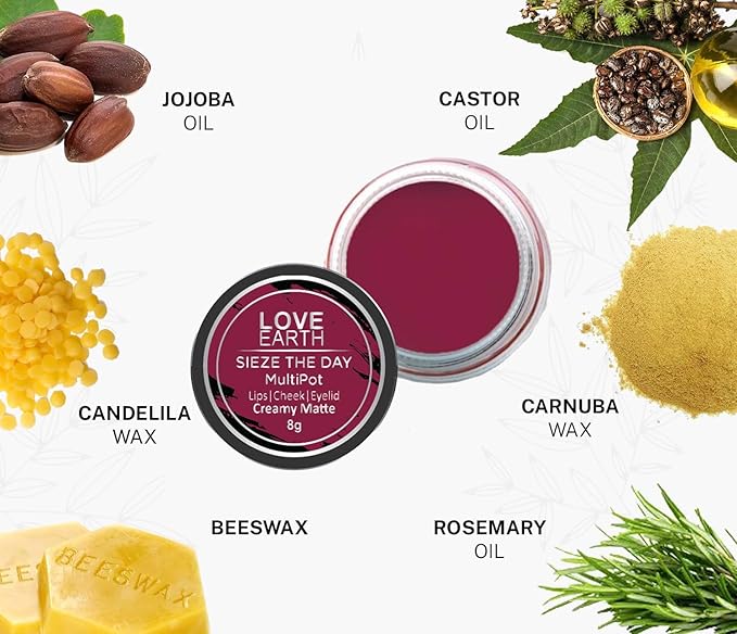 Love Earth Lip Tint & Cheek Tint Multipot-Sieze The Day With Richness Of Essential Oils And Vitamin E For Lips, Eyelids & Cheeks