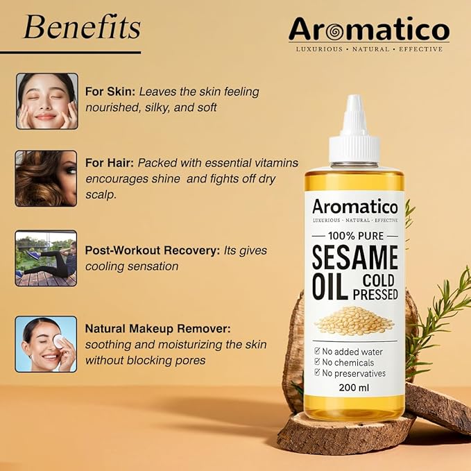 Aromatico 100% Pure Cold Pressed Sesame Oil for Skin, Hair & Massage – Lightweight, Non-Greasy Daily Care Oil, No Added Chemicals or Preservatives - 7 Fl Oz