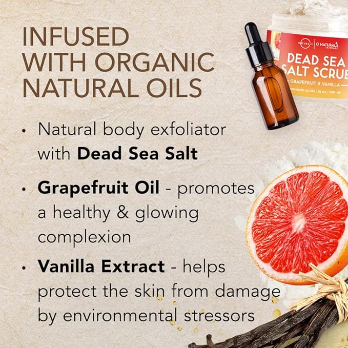 O Naturals Exfoliating Scrub, Natural Dead Sea Salt Deep-Cleansing Face & Body Scrubs. Anti-Cellulite Tones Helps Oily Skin, Acne, Ingrown Hairs & Dead Skin Remover - Grapefruit and Vanilla Oil 18oz