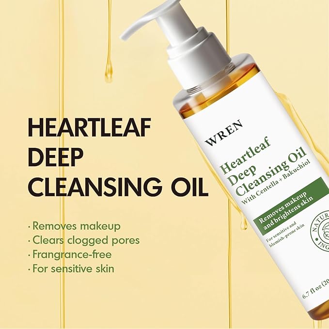 Wren Heartleaf & Centella Cleansing Oil – Pore Control & Double Cleanse Face Wash for Glass Skin, Melt Blackheads, Makeup & Sunscreen Remover, Calming for Sensitive Skin – 6.76 fl.oz
