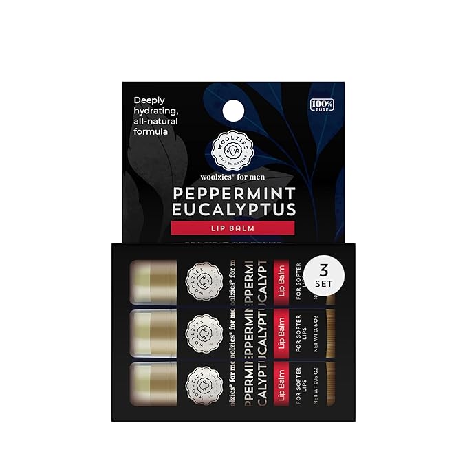 All-Natural Lip Balms for Men - Peppermint Eucalyptus Flavor - Infused with Shea Butter, Beeswax, Coconut Oil, and Vitamin E for Soft, Hydrated Lips