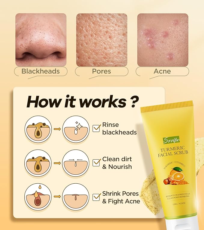 Turmeric Face Scrub – Brightening & Exfoliating Facial Scrub for Glowing Skin – Natural Turmeric Exfoliator with Vitamin C & Aloe Vera – Gently Removes Dead Skin & Reduces Dark Spots – 4.23oz
