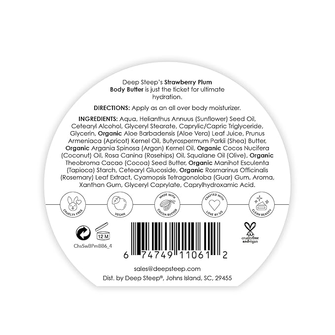 Deep Steep Body Butter, 6 oz – Rich Moisturizer with Ceramides, Coconut Oil, Argan Oil & Aloe Vera – Vegan, Clean Beauty, Smooth & Hydrated Skin (6 Ounces, Strawberry Plum)