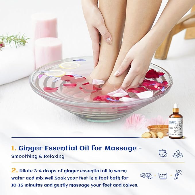 HIQILI Pure Ginger Essential Oil 3.38 Fl Oz, Pure Natural Premium Ginger Oil for Massage, Diffuser, Large Bottle with Dropper & Gift Box -100ml