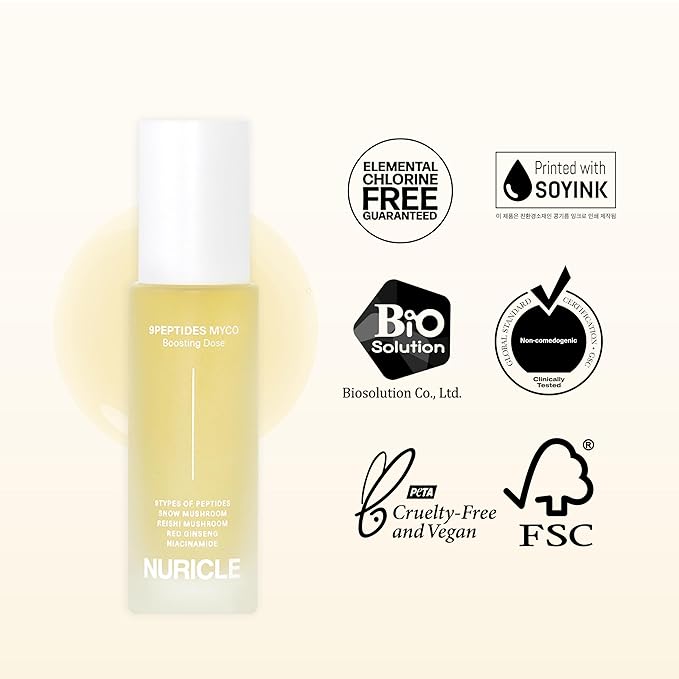 9PEPTIDES MYCO Boosting Dose 30ml (1.014 fl.oz) Anti-Aging Peptide Serum for Face – Hydrating Korean Booster with Niacinamide & Mushroom Complex – Collagen Support, Smooth Wrinkles
