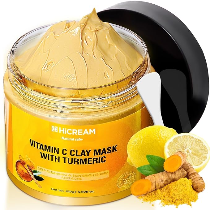 Hicream Turmeric Vitamin C Clay Mask with Kaolin Clay and Turmeric for Dark Spots, Dull Skin, Skincare Facial Mask for Controlling Oil and Refining Pores 5.29 Oz (yellow)
