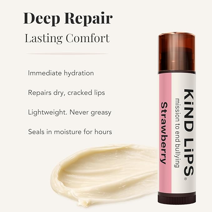 Kind Lips Strawberry Organic Lip Balm (3 Pack) – Hypoallergenic Natural Beeswax Lip Balm for Dry, Cracked Lips – Non Toxic Moisturizing Lip Repair with Vitamin E