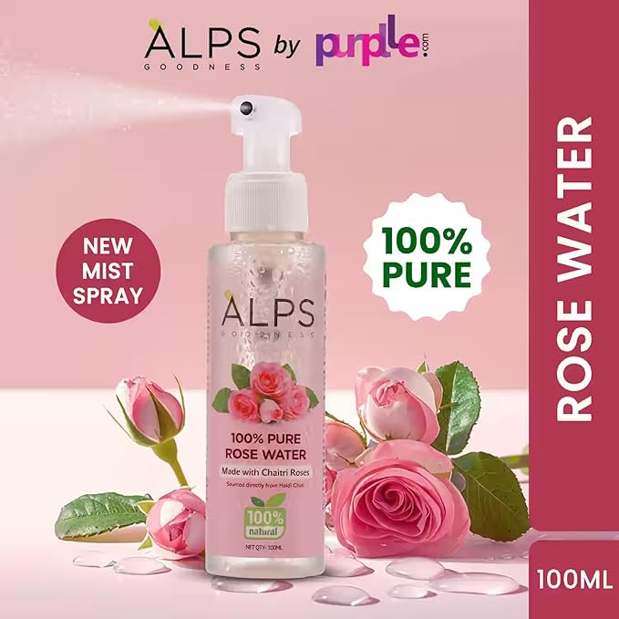 Alps Goodness 100% Pure Rose Water Facial Mist | Natural Face Toner & Hydrating Spray for Dry, Dull Skin | Refreshes, Soothes & Preps Skin | for All Skin Types | 3.38 Fl Oz (100ml)