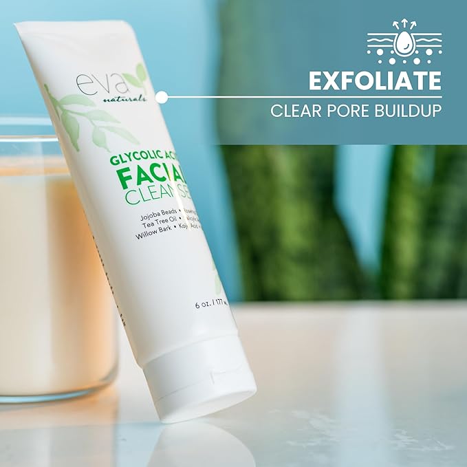 Eva Naturals Glycolic Acid Facial Cleanser – Exfoliating Face Wash with Salicylic Acid, Tea Tree & Vitamin E for Acne, Blackheads, Dark Spots, Wrinkles & Smooth, Clear, Radiant Skin Care - 6 Fl Oz