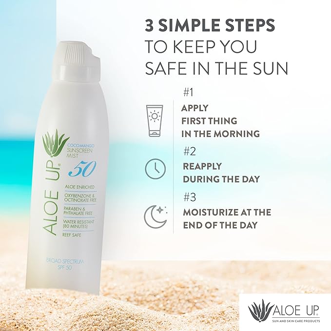 Aloe Up White Collection SPF 50 Sunscreen Spray Mist for Face & Body with Aloe Vera Gel, Water Resistant up to 80 Minutes, Reef Friendly, Non Greasy, Fast Absorbing, Coco Mango 5.5 oz