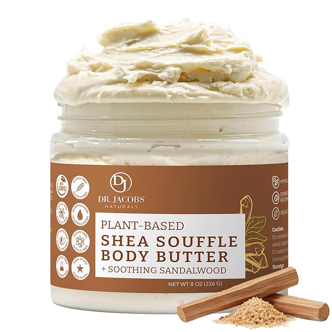 Dr. Jacobs Naturals Shea Soufflé Body Butter for Men and Women - Whipped Shea Butter for Skin Moisture and Softness Without Thick, Greasy Feel - Plant-Based Gentle Formula with Soothing Sandalwood