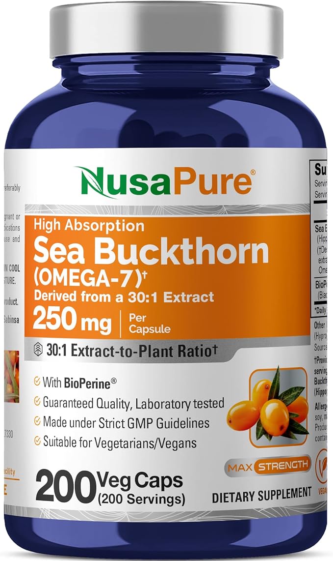 NusaPure Sea Buckthorn Omega-7, 250 mg, 200 Veg Capsules (Non-GMO, Vegan)