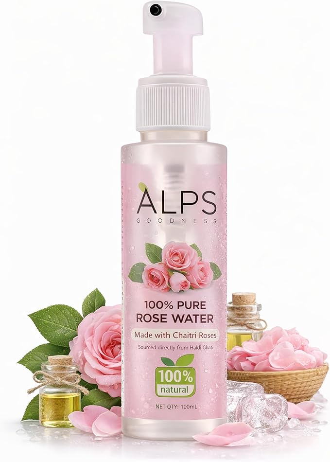 Alps Goodness 100% Pure Rose Water Facial Mist | Natural Face Toner & Hydrating Spray for Dry, Dull Skin | Refreshes, Soothes & Preps Skin | for All Skin Types | 3.38 Fl Oz (100ml)