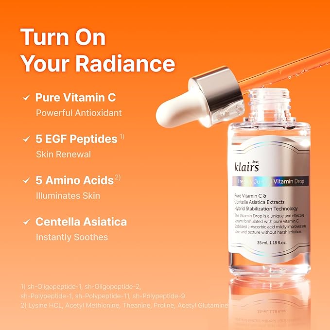 DearKlairs Vitamin C Serum, Gentle 5% Pure Vitamin C & EGF Peptides, for Uneven Skin Tone, Brightening, Dark Spot Care, Sensitive Skin, Non irritating, Korean Skincare 1.18 Fl Oz