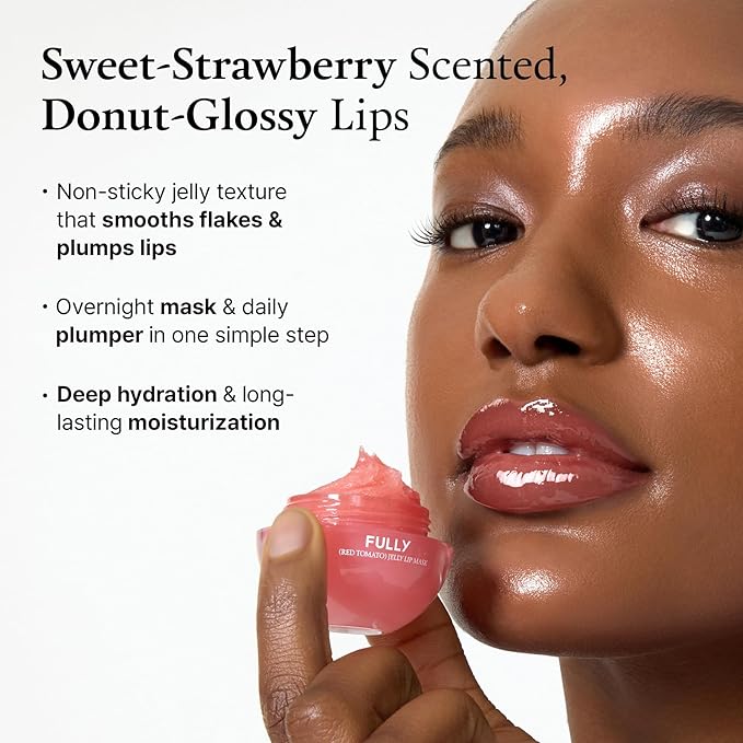 FULLY Red Tomato Jelly Lip Sleeping Mask, Korean Lip Balm for Dry, Chapped Lips, Tomato Seed Oil & Hyaluronic Acid, Overnight Hydration & Plump Glossy Finish, Non-Sticky Vegan Lip Treatment | 0.42 oz