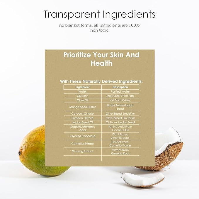 Natural Non Toxic Lotion - Made With Mango Butter, Olive Oil, & Glycerin, Unscented, Fragrance Free, Nourishing Ingredients, For All Skin Types, Family Owned