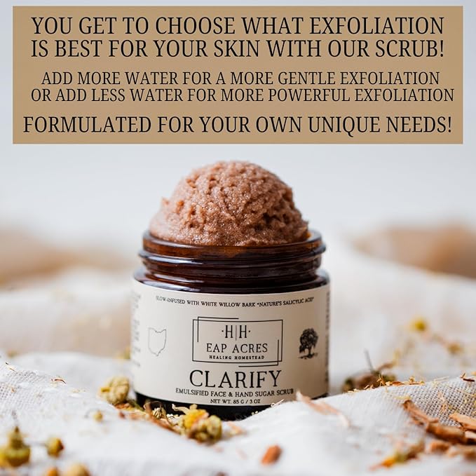 Emulsified Face Sugar Scrub, Organic squalane oil/Castor oil: Chamomile & White Willow Bark, Rhassoul Clay, Kokum Butter, Manuka Honey-Gentle exfoliant: Dry/Sensitive/Acne-Prone (CLARIFY)