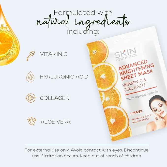 Skin Aesthetics Vitamin C & Collagen Sheet Face Mask - Reduces Wrinkles & Age Spots, Hydrating - Dermatologist Tested Korean Skincare - Clean Beauty, Cruelty-Free - 5 Masks