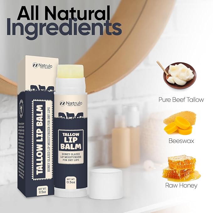 Beef Tallow Lip Balm – All Natural Tallow & Beeswax Chapstick – Hydrating Moisturizing Grass Fed Tallow Lip Care – Soothes Chapped, Dry, Sensitive Lips – Long Lasting & Vitamin Rich, Made in USA