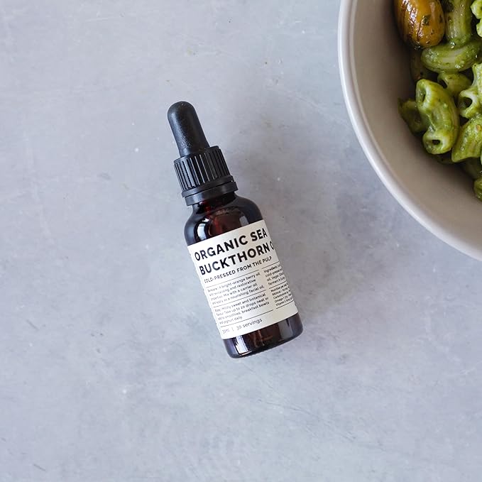 100% Organic Sea Buckthorn Oil 1 fl oz - Cold-Pressed 50:1 - Rich in Omega-7 and Beta-carotene - Straight from Farm - Non-GMO - No Additives or Preservatives - Recyclable Glass Bottle