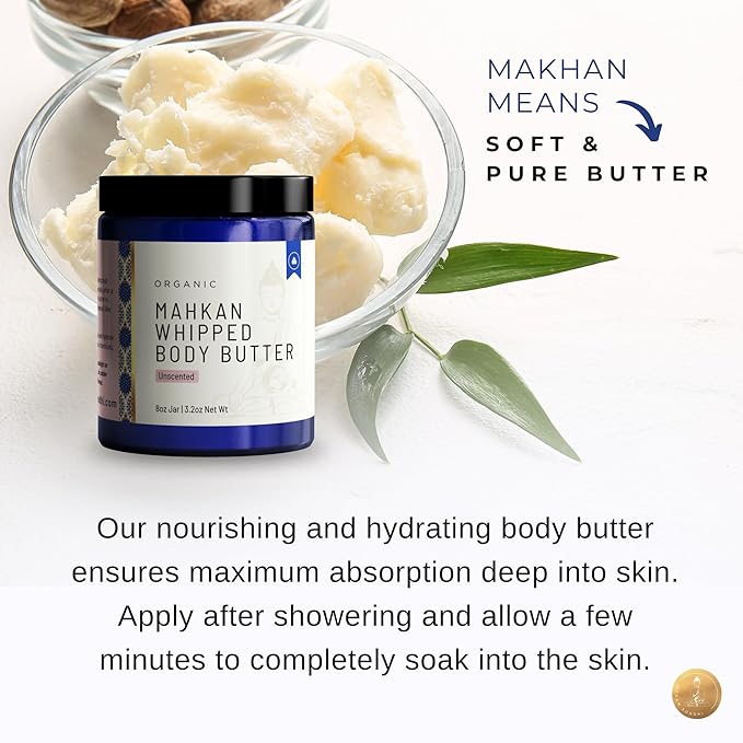 Organic Mahkan Whipped Body Butter 8 oz Jar | Airy & Nourishing Formula | Unscented | Non-Greasy, Deeply Hydrating, Organic & Natural Ingredients (8 oz, Unscented)