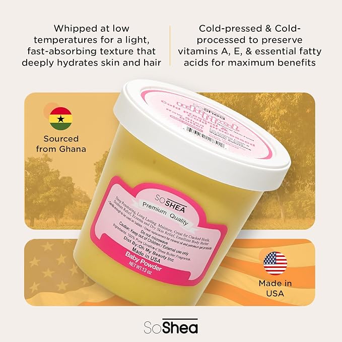 SoShea Whipped Shea Butter Baby Powder - Nourishes, Moisturizes & Renews | 100% African Pure Shea Butter | Cold-Pressed & Cold-Processed | No Dyes & Parabens | Vegan | 11.50oz / 326g