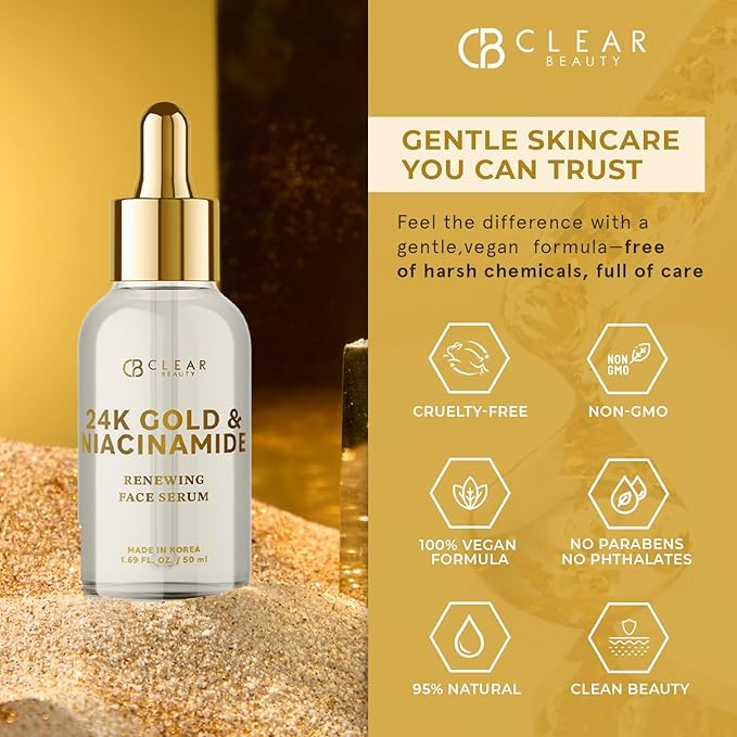 Clear Beauty 24K Gold & Niacinamide Serum For Face - Anti Aging, Firming, Hydration, Tone & Radiance Care - Dermatologist Tested, Korean Skin Care, Vegan Clean Beauty - 1.69 Fl Oz
