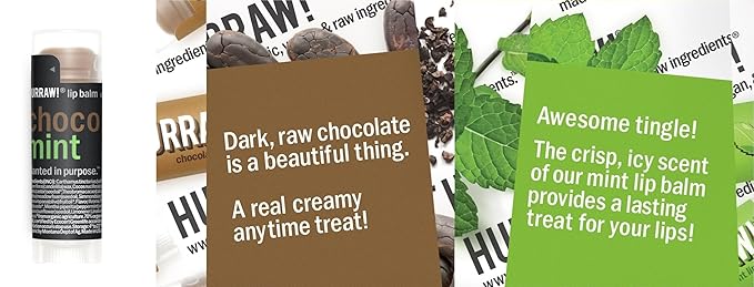 Hurraw! Chocolate & Mint Combo Lip Balm: Choco Mint. Organic, Certified Vegan, Cruelty and Gluten Free. Non-GMO, 100% Natural Ingredients. Bee, Shea, Soy and Palm Free. Made in USA