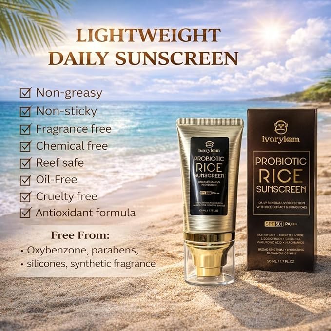 ivoryloom SPF 50 PA++++ Mineral Sunscreen | Fast Absorbing Hydration with Rice Ferment, Niacinamide, Hyaluronic Acid, Titanium Dioxide | Broad Spectrum | No White Cast | Reef Safe | 1.7 OZ