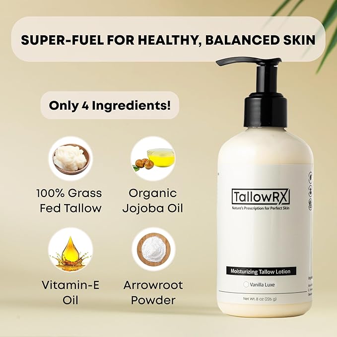 TALLOWRX Tallow Body Lotion – 100% Grass-Fed Beef Tallow for Skin, Face & Body – Pure & Organic Moisturizer with Jojoba Oil, Vitamin E (8 Fl Oz, Vanilla)