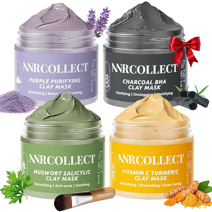 ANRCOLLECT 4-Pack Clay Face Mask Set (280g Total) - Vitamin C Turmeric, Charcoal BHA, Mugwort Salicylic & Purple Clay Masks for Deep Pore Cleansing, Oil Control & Blackhead Removal - Skincare Gift Set