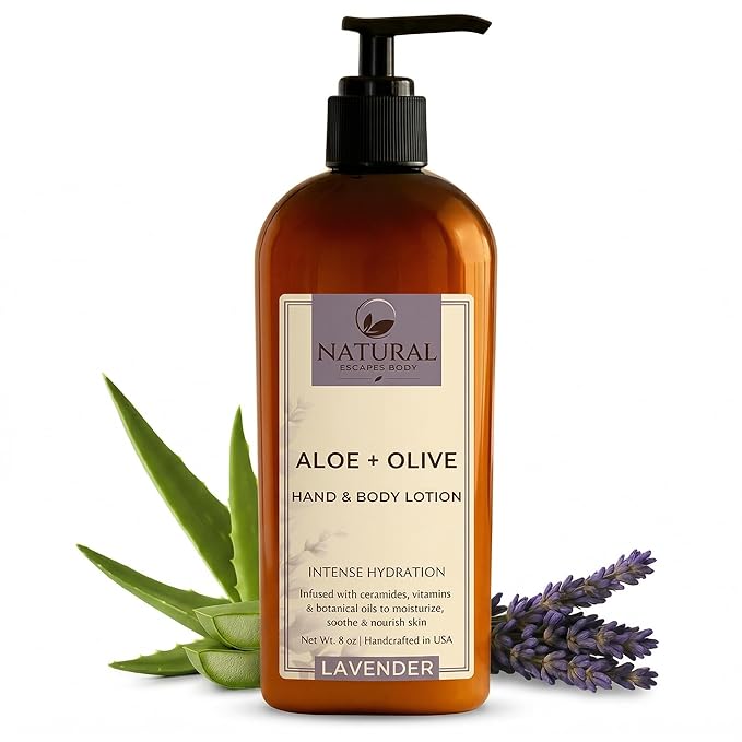 Natural Escapes Lavender Body Lotion for Dry Sensitive Skin, Aloe Vera & Ceramide Moisturizer with Olive Oil, Vitamin B5 & E, Hand & Body Cream, 8 oz
