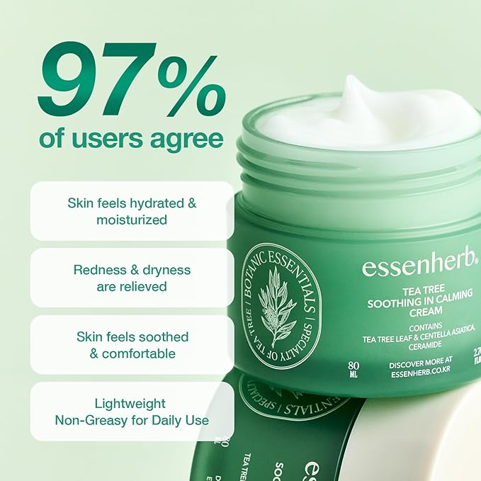 Tea Tree Soothing In Calming Cream for Sensitive Skin with Tea Tree Oil & Cica, Helps reduce redness and breakouts, Soothing skin and providing hydration, Korean Skin Care (2.70 fl.oz)