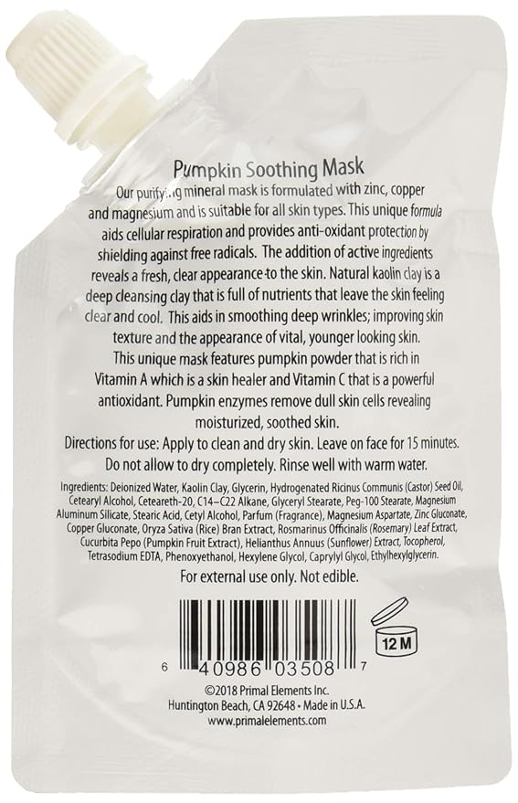 Primal Elements Face Mask, Clay Mud Facial Treatment, Multi-Use Package, 1.18 oz - Pumpkin Soothing
