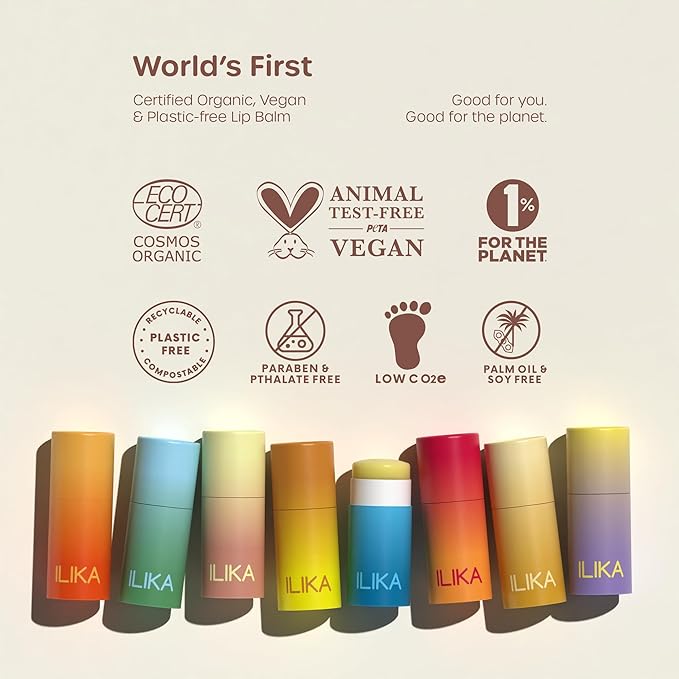 ILIKA 100% Natural Lip Balm - Organic, Plastic-free, Vegan, Vitamin E, COSMOS Certified, 4-Pack Essential Collection - Ginger Lemon, Eucalyptus Mint, Lavender Chamomile, Almond Cardamom Rose, 0.15 oz
