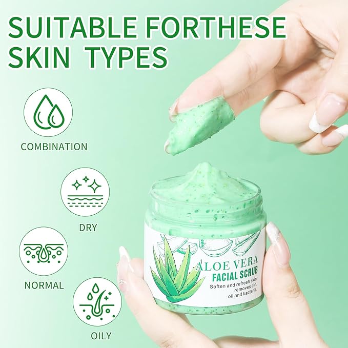 Facial Scrub & Face Exfoliator, Aloe Vera Exfoliating Facial Scrub & Cleanser for Smooth Skin, Face Exfoliator Gentle Pore Refining for Refresh Skin