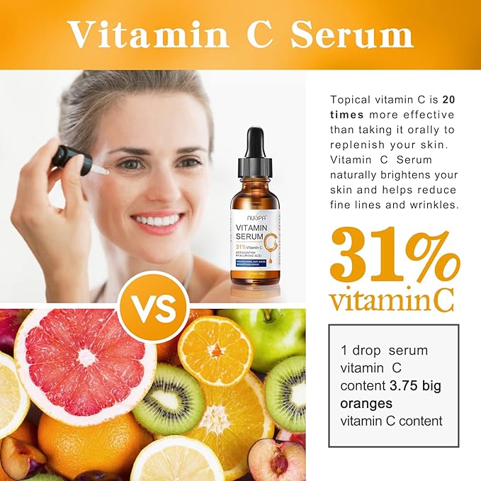 Organic Vitamin C Serum for Face 31% Vitamin C Facial Serum Anti Aging Serum Reduces Age Spots, Face Dark Spots, Sun Damage, Skin Brightening Facial Serums with Hyaluronic Acid and Astaxanthin