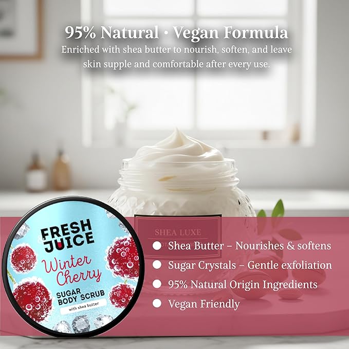 Fresh Juice Winter Cherry Sugar Body Scrub – Gentle Exfoliating Body Scrub with Shea Butter – 95% Natural Ingredients, Vegan – Nourishes, Smooths & Luxurious Care – 6.76 fl oz