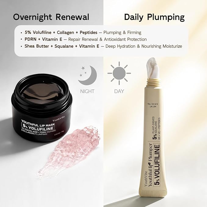 YouthVibe Lip Mask Overnight Moisturizing - Nourish & Hydrate, Antioxidants, 5% Volufiline, Vitamin E, Shea Butter, PDRN & Collagen Sleeping Lip Treatment for Dry, Chapped Lips