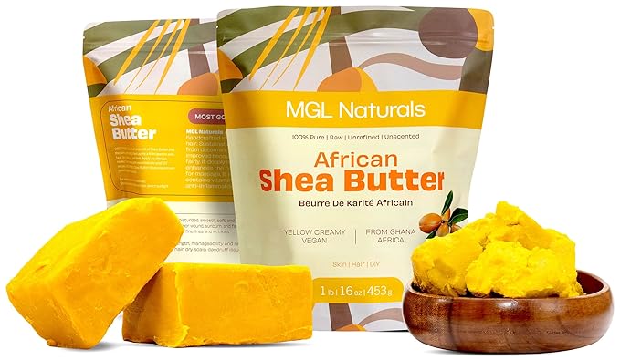 MGL Naturals Shea Butter Yellow Creamy 1 lb, African, Unrefined, and Raw. Nourish and moisturize skin and hair. Use alone or DIY recipes. From Ghana, West Africa. 16 oz pouch
