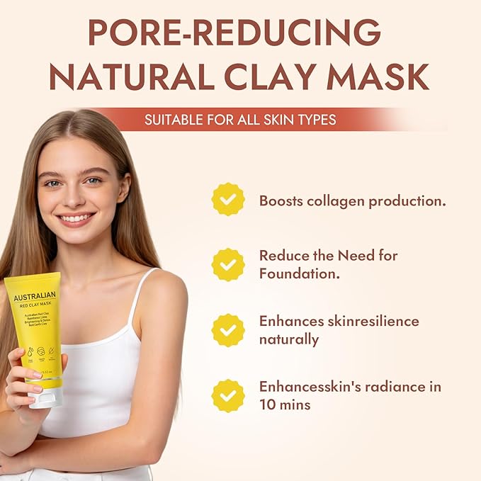Australian Red Clay Face Mask - Deep Cleansing Detox Mud Mask with Kakadu Plum & Desert Lime - Pore Minimizing Natural Clay Mask for All Skin Types - 3.52 oz