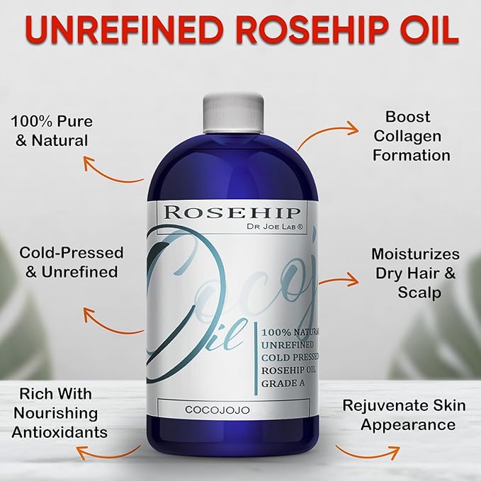 cocojojo Rosehip Oil for Face, Rose Oil for Face, Rose Hip Oil for Face, Rosehip Oil, Pure refined Cold Pressed All Natural for Hair Skin Face Body Nails Pure Oil - 32 Oz