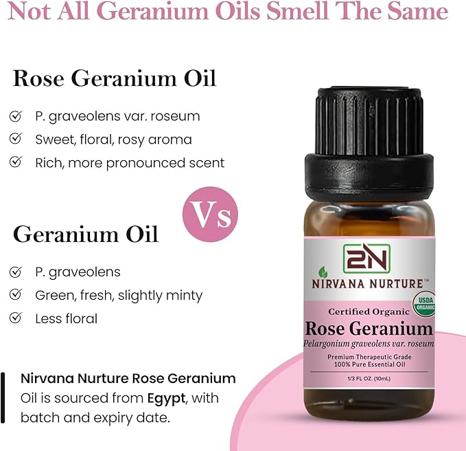 Rose Geranium Essential Oil, USDA Certified Organic, 100% Pure Undiluted, Aromatherapy Oil for Diffuser, Hair & Skin Care
