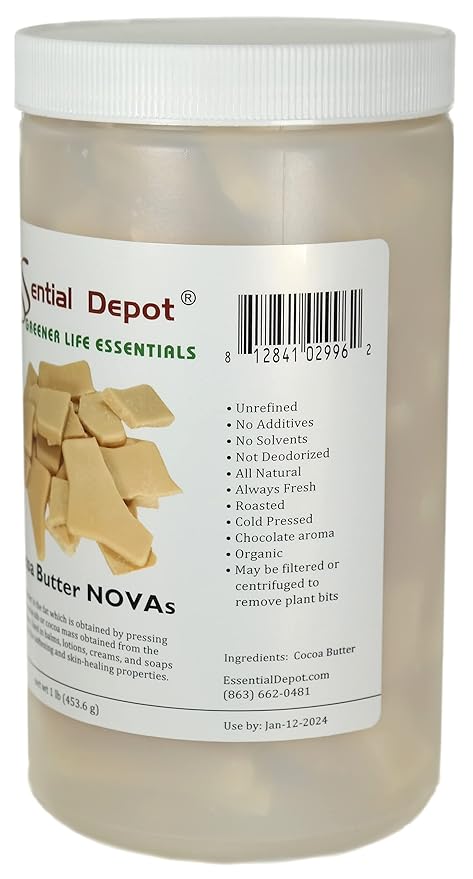 Essential Depot COCOA BUTTER CHIPS & CHUNKS - Unrefined - Organic - 1 lb - NO: Additives, Preservatives, Colorants, or Deodorizers - Unrefined - Safety Sealed HDPE Container with Screw Top Lid
