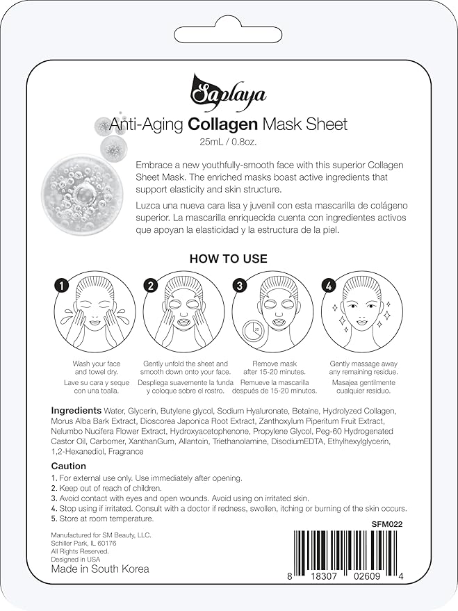 Saplaya Face Masks 6 Pack Scented Facemask Sheets Skin Care Mask Single Scent K-Beauty Natural Formula