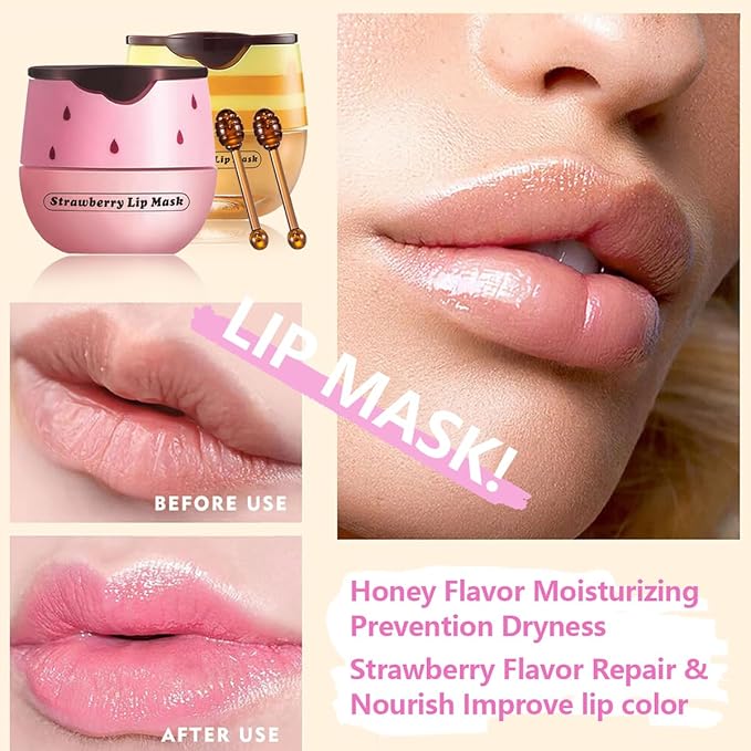 2 PCS Honey Lip Mask, Strawberry & Watermelon & Apple Lime Lip Sleeping Mask Propolis Moisturizing Lip Balm with Stick, Vitamin E Lip Masks, Repairs And Prevents Chapped Lips (Honey & Strawberry)