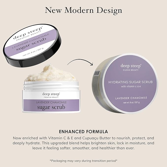 Deep Steep Sugar Scrub, Lavender Chamomile, 8 oz – Exfoliating Body Scrub with Organic Coconut Oil, Shea Butter & Argan Oil – Vegan, Clean Beauty, Smooth, Soft & Nourished Skin