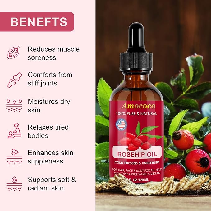 Organic Cold Pressed Rosehip Oil for Face, Natural Rose Hip Seed Oil, Nutrient Rich Facial Serum for Skin Care, Moisturize Dry Skin, 1 Fl Oz (30mL)
