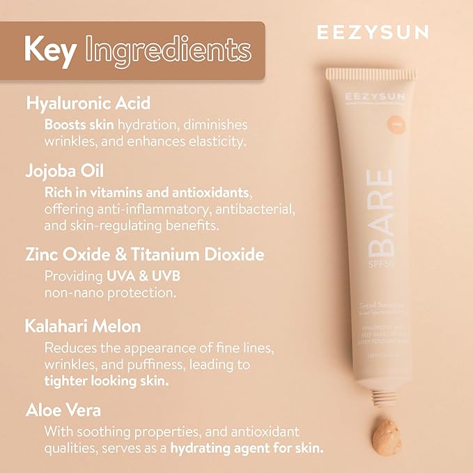 EEZYSUN BARE Tinted Sunscreen for Face SPF 50 - Non-Greasy, Weightless, Water-Resistant, Vegan & Reef-Safe Tinted Moisturizer with SPF, Hyaluronic Acid, Jojoba Oil - All Skin Types, 1.69 fl oz - Light